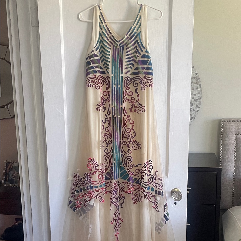 Anthropologie Cream and Multicolor High Low Dress